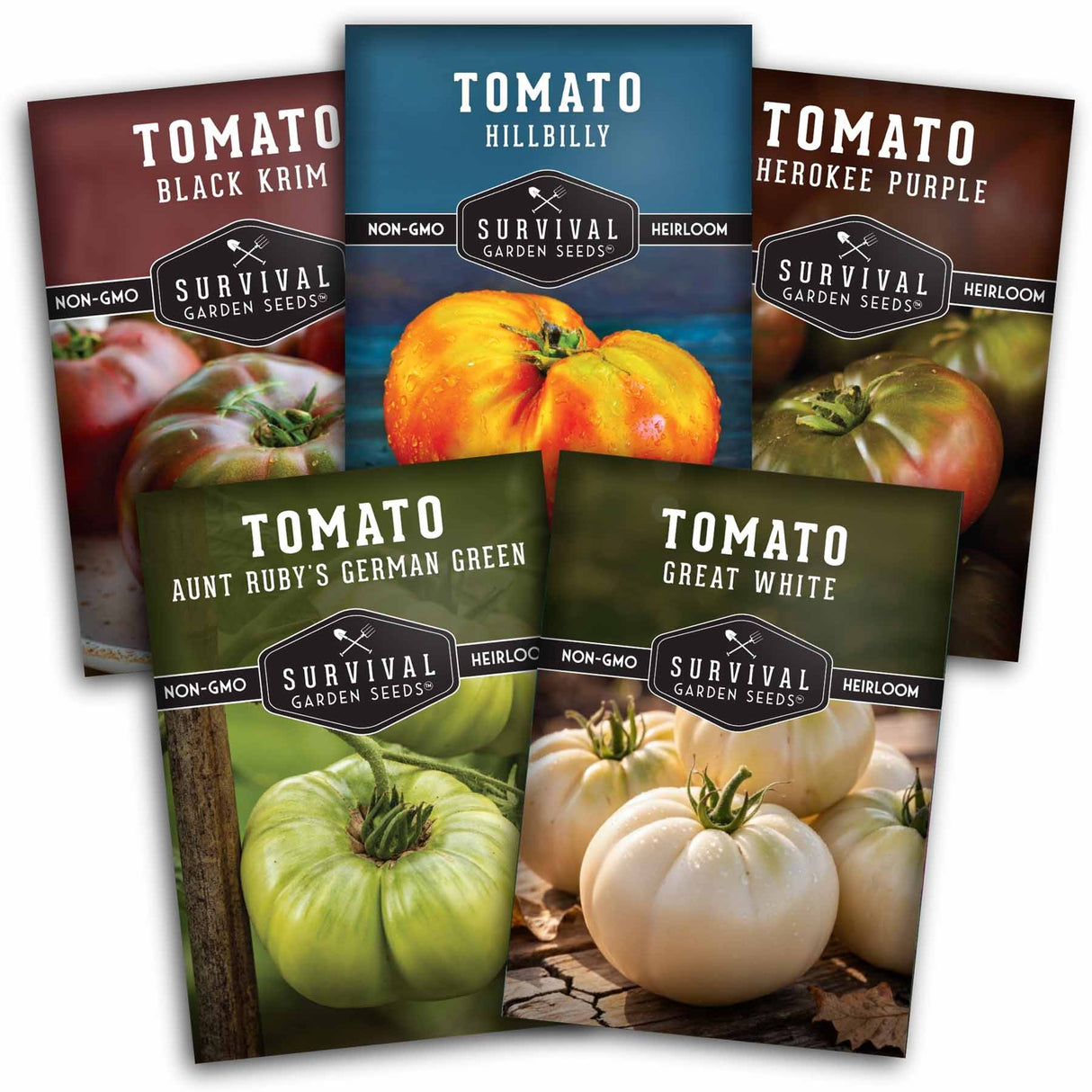 Five packages of Survival Garden Seeds tomato varieties on a white background