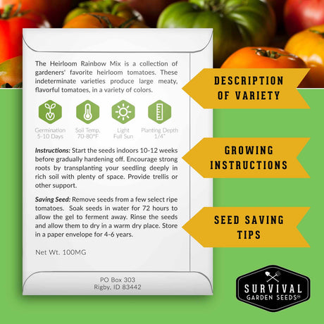 Survival Garden Seeds Heirloom Rainbow Mix seed packet with tomato variety details on a green background.