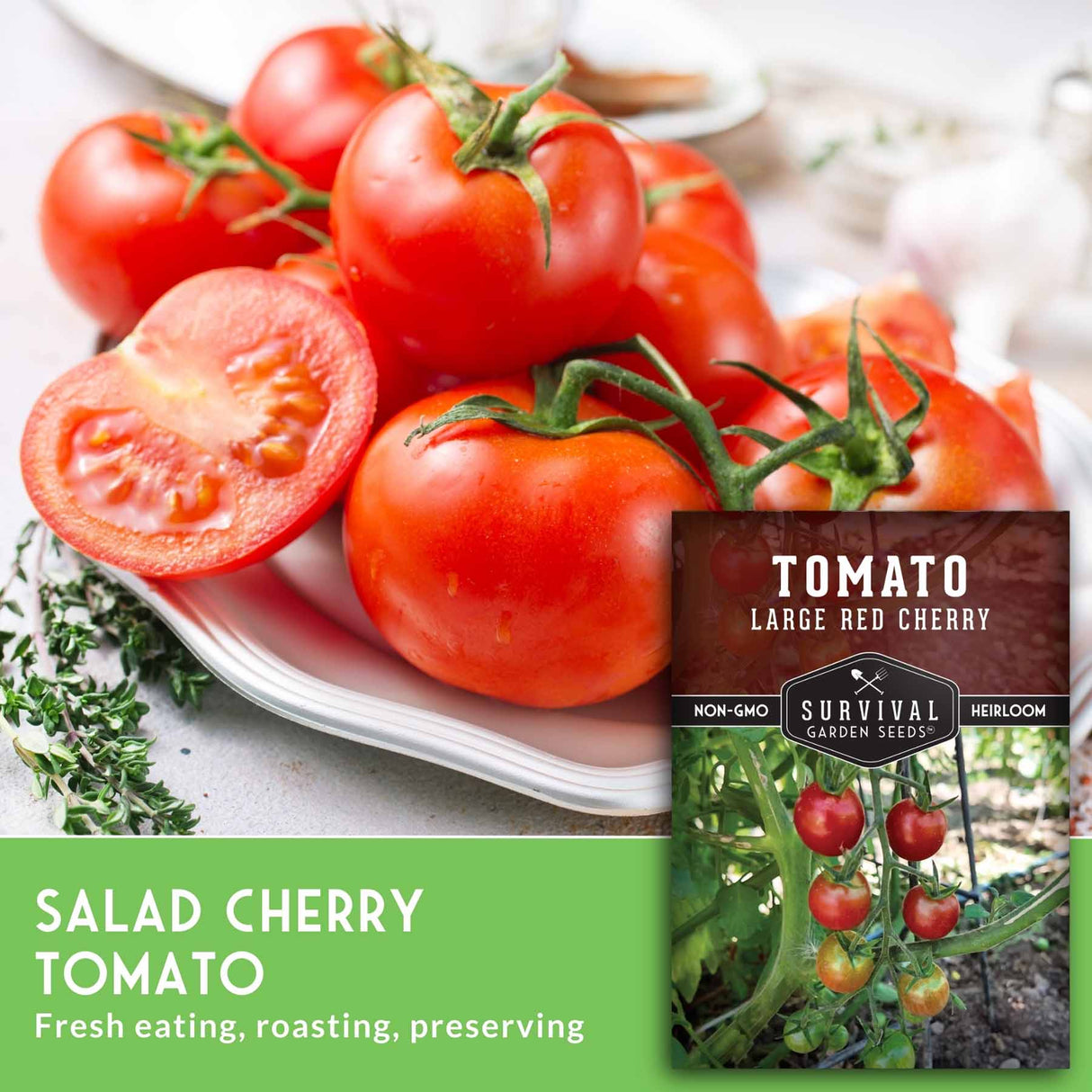 Tomatoes on a plate with a seed packet labeled 'Survival Garden Seeds' on a light background.
