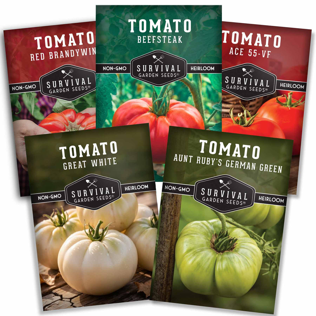 Five packages of Survival Garden Seeds tomato varieties on a white background