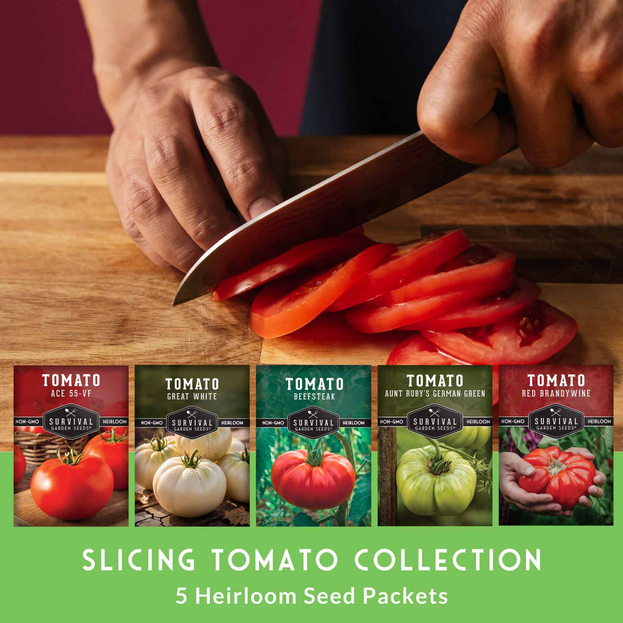 Person slicing tomatoes on a cutting board with seed packets displayed below.