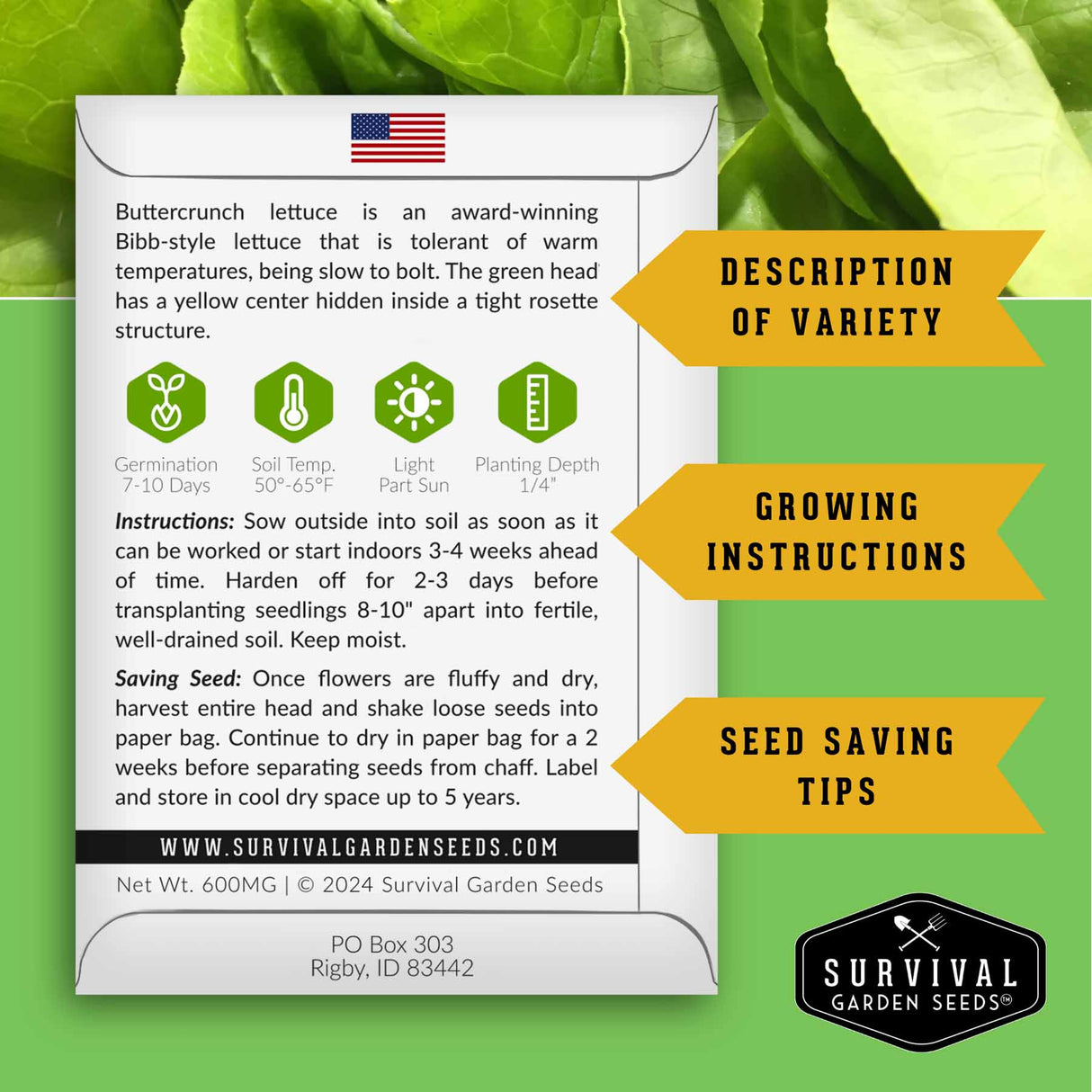 Survival Garden Seeds lettuce seed packet with text and icons on a green leafy background