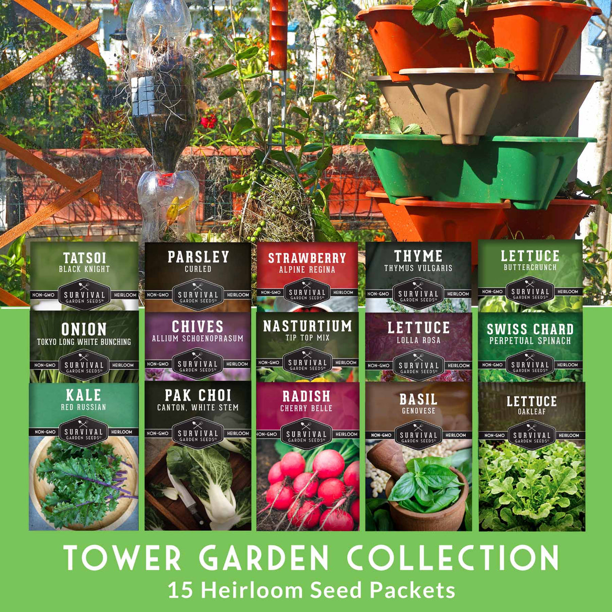 Collection of heirloom seed packets for a Tower Garden with various plants and text.