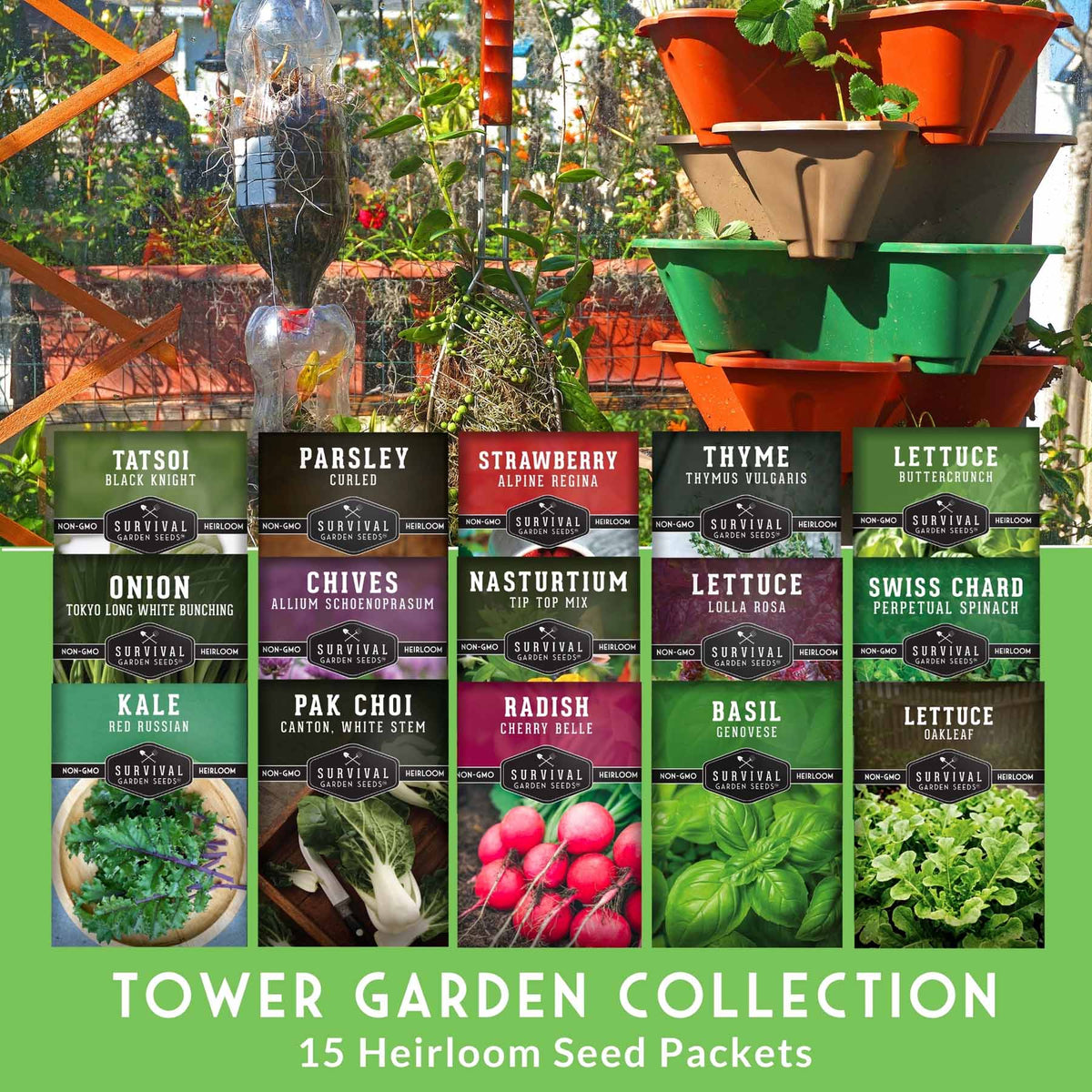 A promotional collage for the Tower Garden Collection showing 15 seed packet cards for heirloom vegetables, arranged in front of a stacked tower garden with pots and plants. The packet cards display names such as Tatsoi, Parsley, Strawberry, Thyme, Lettuce, Onion, Chives, Nasturtium, Swiss Chard, Kale, Pak Choi, Radish, Basil, and Sweet Potato.
