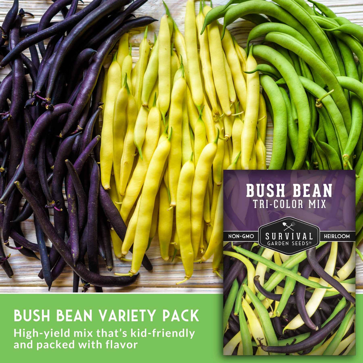 Three types of beans (purple, yellow, green) on a wooden surface with a 'Survival Garden Seeds' package.