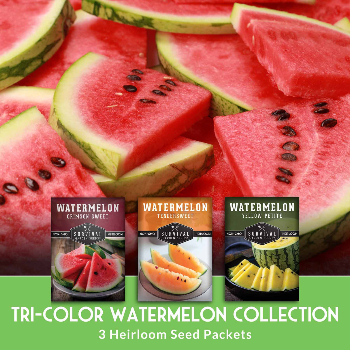 Tri-color watermelon collection with sliced watermelons and seed packets on a green background