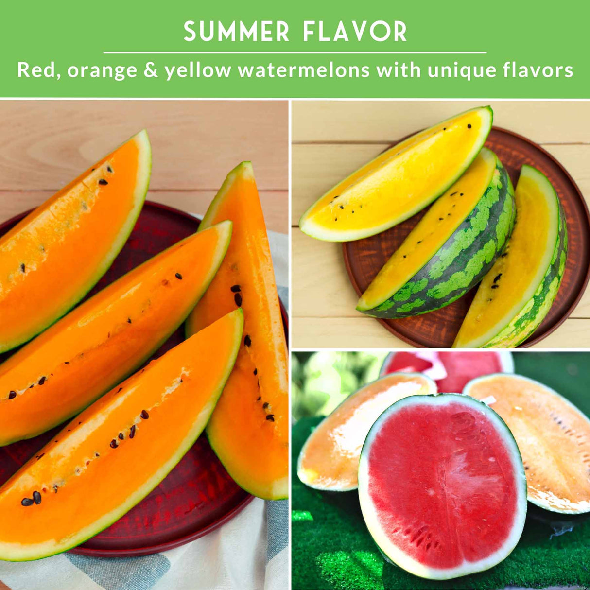 Collage of sliced watermelons with text 'Summer Flavor' and 'Red, orange & yellow watermelons with unique flavors'.