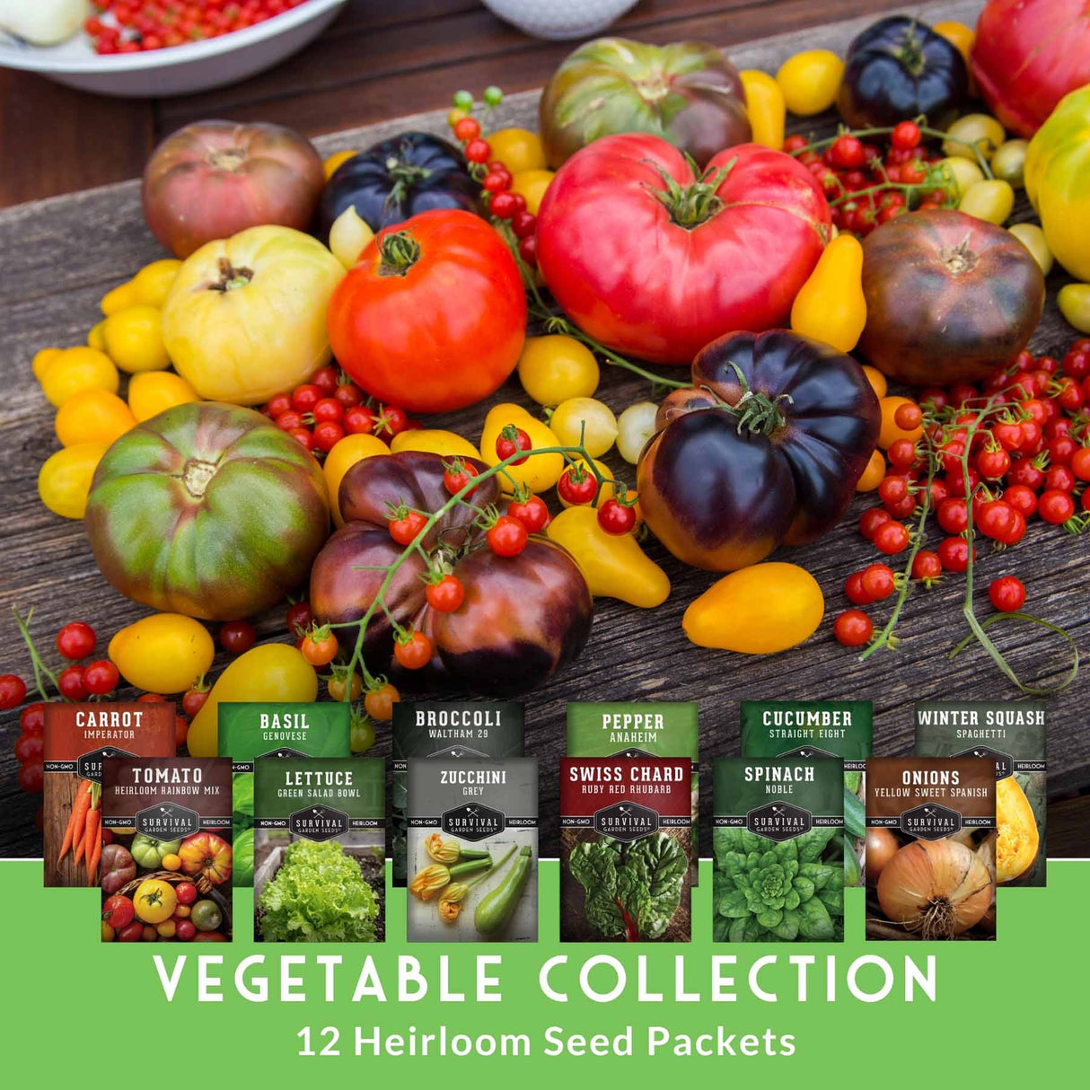 A styled arrangement of assorted heirloom vegetables and seed packets on a rustic wooden surface, with a green banner at the bottom reading 'VEGETABLE COLLECTION 12 Heirloom Seed Packets.' The vegetables include red, yellow, green, and purple tomatoes, small cherry tomatoes, pears, and packaged seeds labeled carrot tomato, lettuce basil, zucchini broccoli, pepper swiss chard, spinach cucumber, and winter squash.