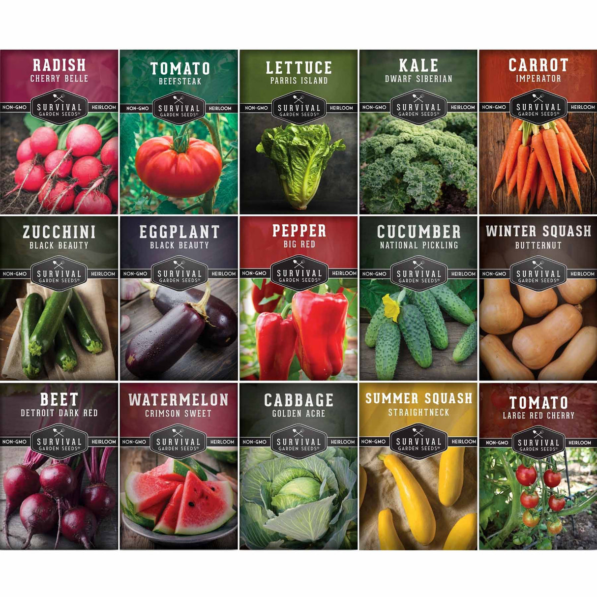 Grid of vegetable seed packets with images and names on a black background