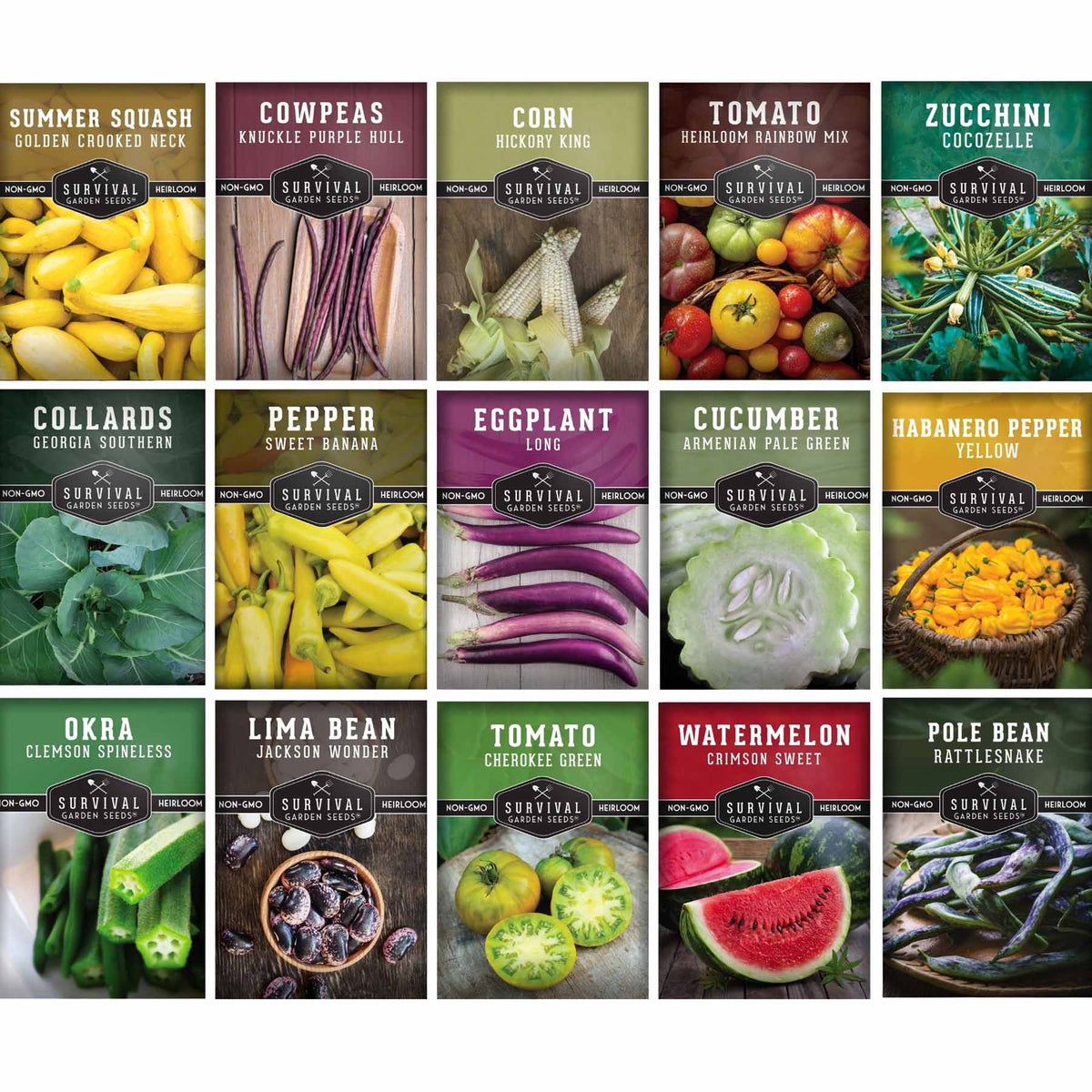 A 1grid of illustrated seed packet designs showing various vegetables, including summer squash, cowpeas, corn, tomato, zucchini, collards, pepper, eggplant, cucumber, habanero pepper, okra, lima bean, watermelon, and pole bean. Each packet has a different color scheme and includes the brand name Survival Seeds.