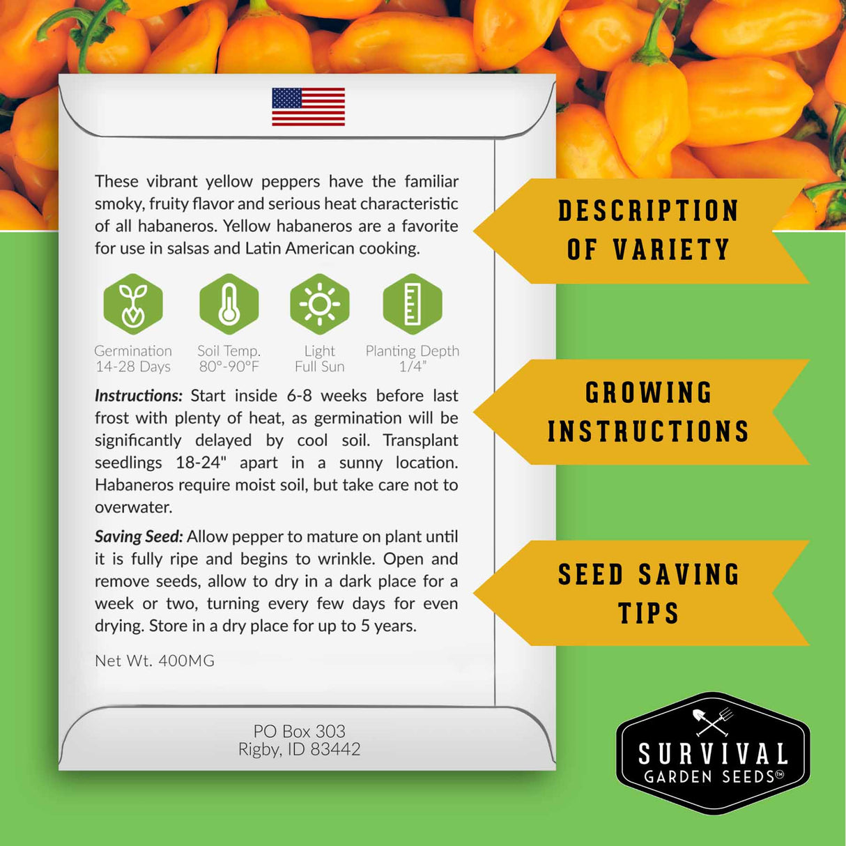 Survival Garden Seeds packaging with yellow habanero peppers and growing instructions.