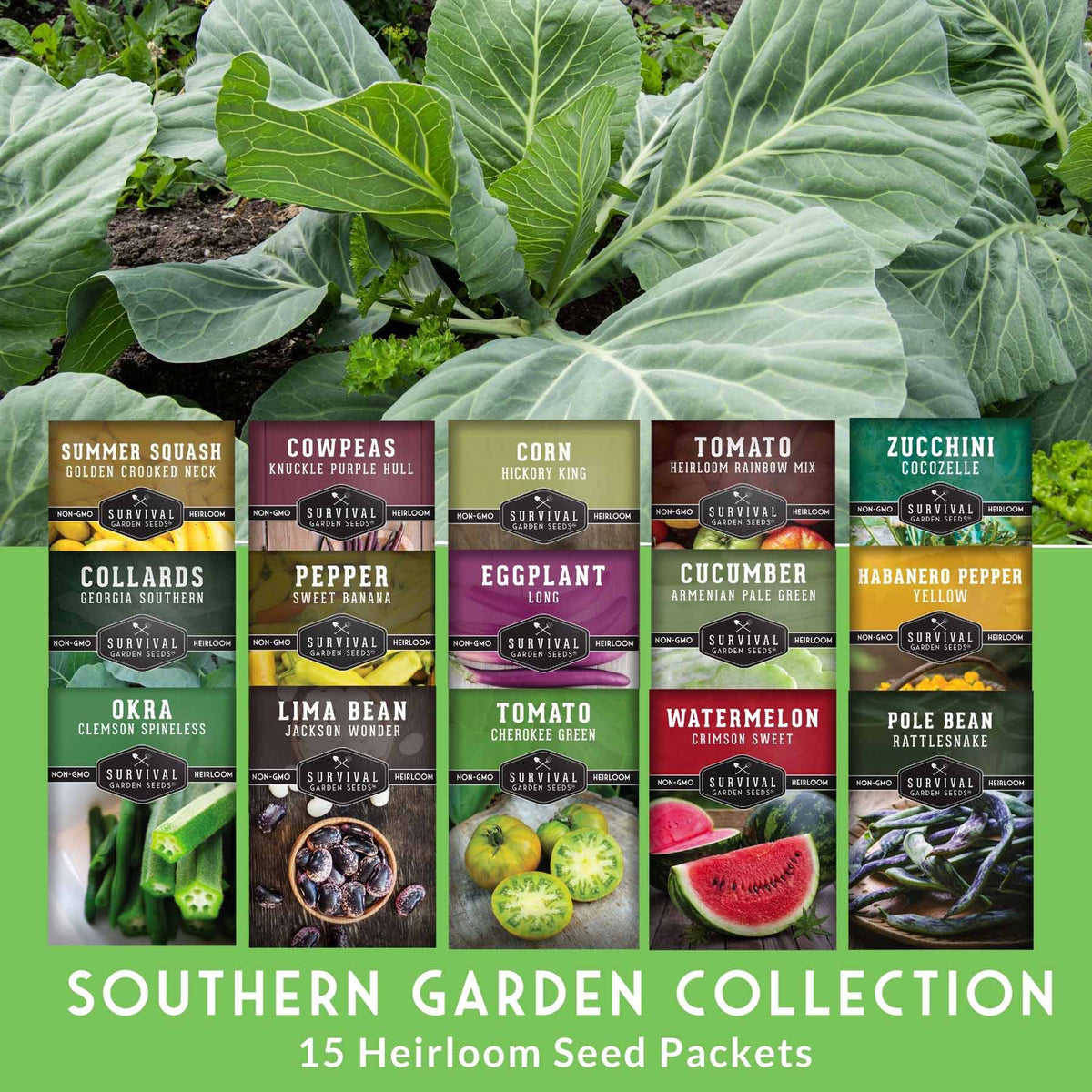 A promotional collage for the Southern Garden Collection showing 15 heirloom seed packets arranged in a grid beneath large green cabbage leaves. The packets include varieties such as summer squash, cowpeas, corn, tomato, zucchini, collards, pepper, eggplant, cucumber, habanero pepper, okra, lima bean, watermelon, and pole bean.