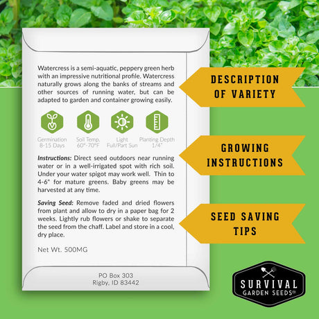 Watercress seed packet back with growing and seed saving instructions