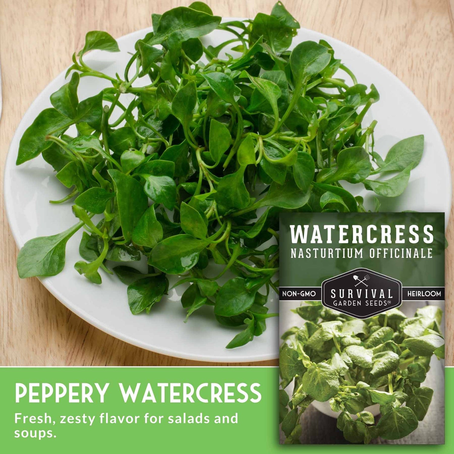 Peppery watercress leaves on a white plate with seed packet