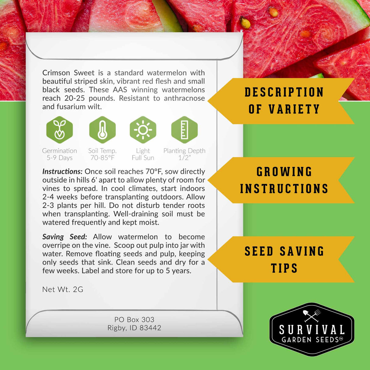 Survival Garden Seeds watermelon seed packet with text and watermelon slices in the background
