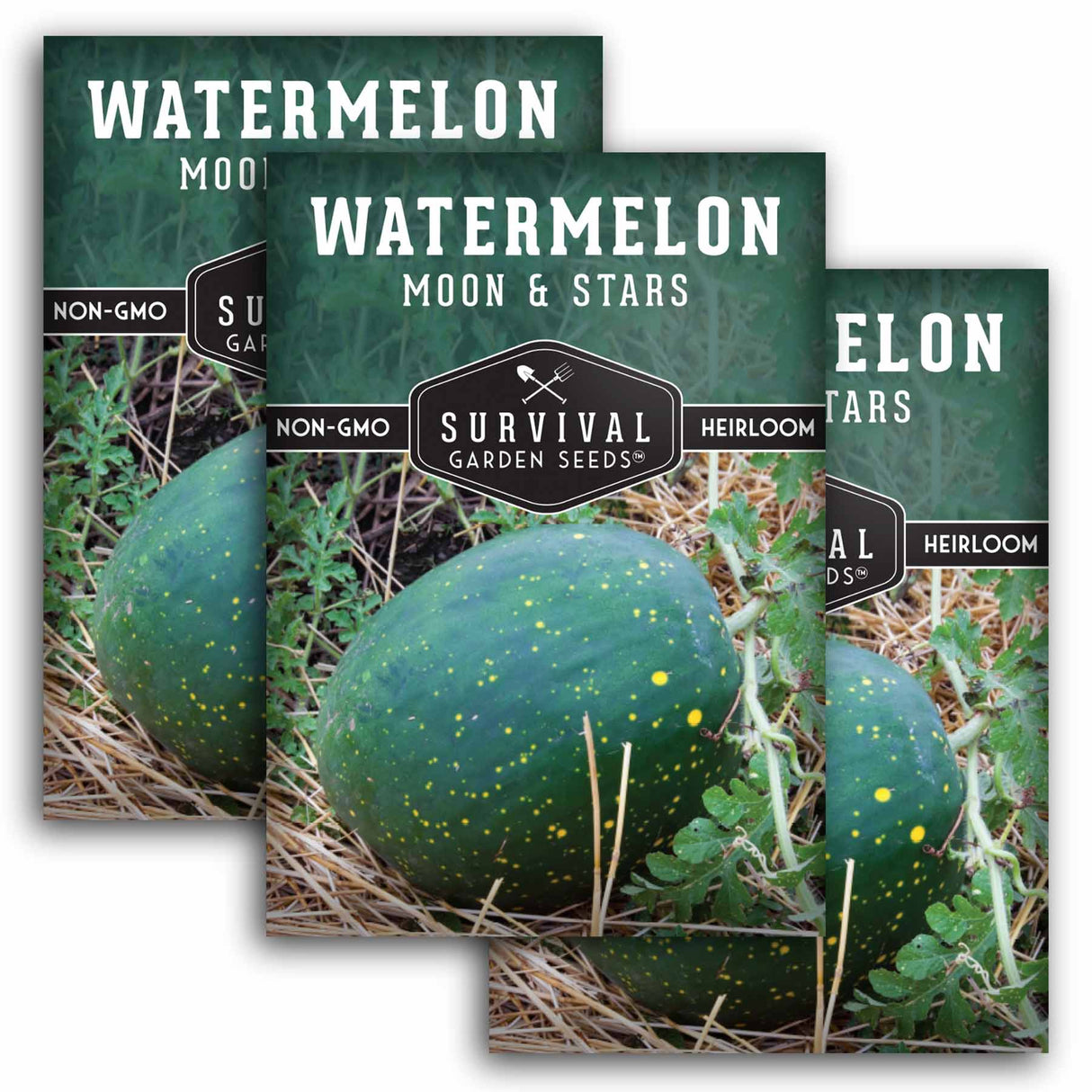 Three packages of 'Watermelon Moon & Stars' seeds from Survival Garden Seeds on a white background.