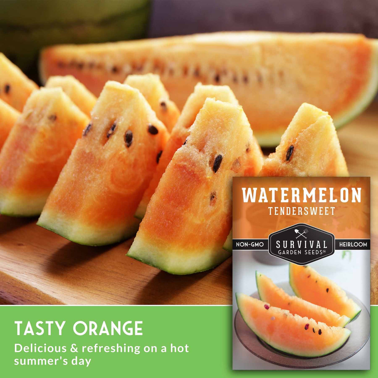 Sliced watermelon on a wooden cutting board with a package of Survival Garden Seeds watermelon seeds.