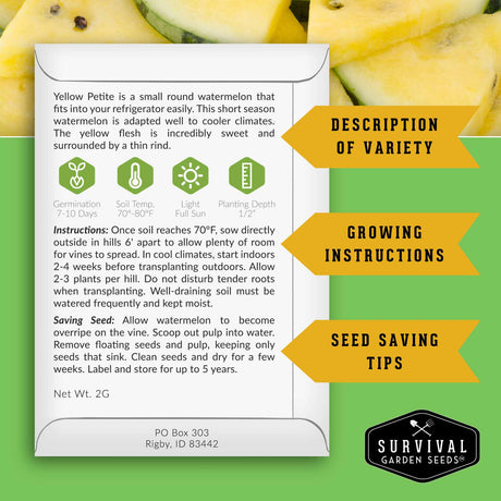Survival Garden Seeds packaging for Yellow Petite watermelon with text and branding.