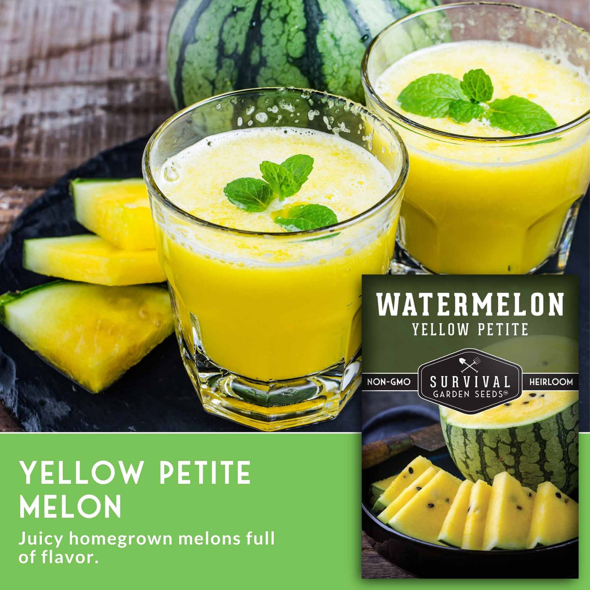 Two glasses of watermelon juice with slices of yellow watermelon and a seed packet labeled 'Yellow Petite Melon' on a wooden surface.