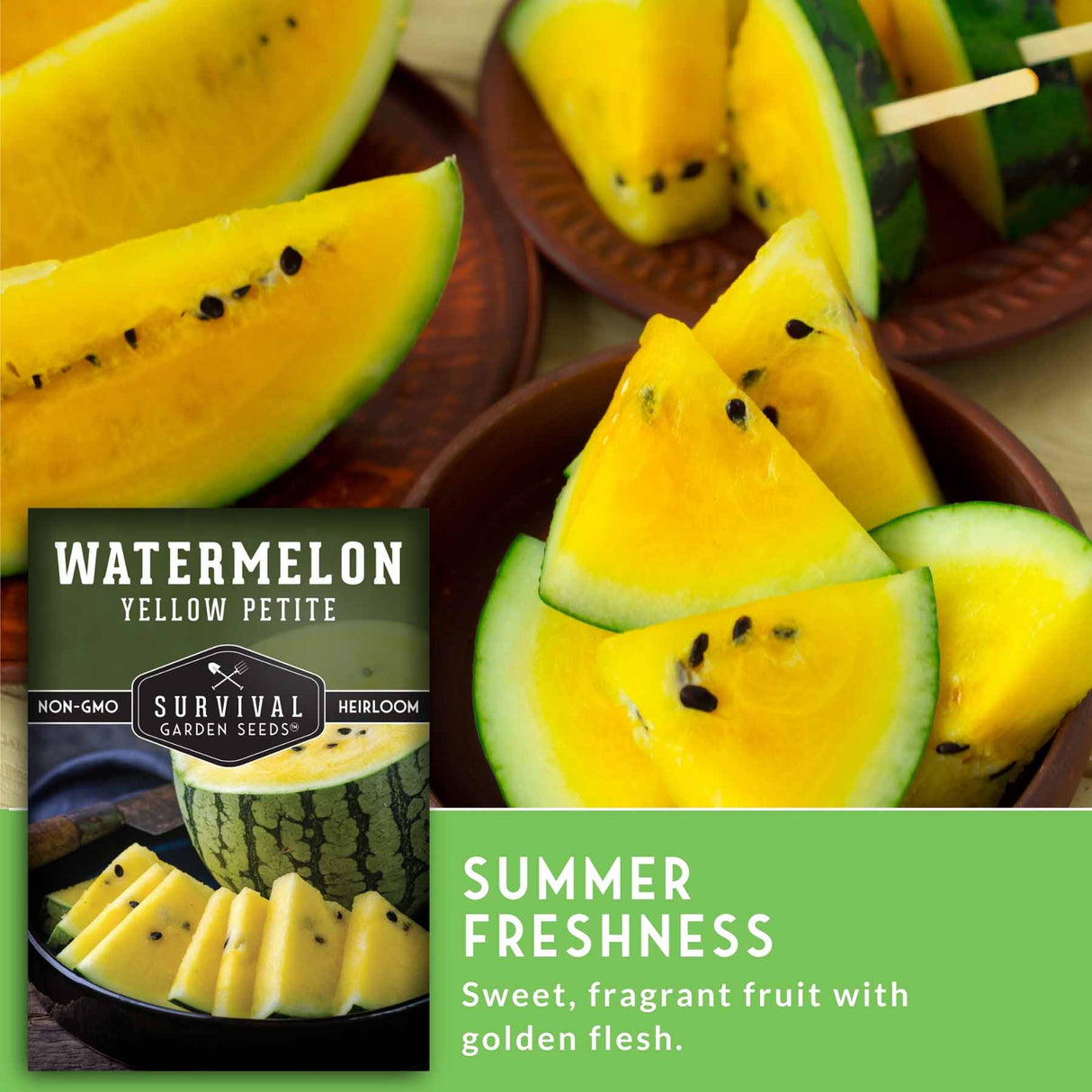 Sliced yellow watermelon on a wooden plate with a label for 'Survival Garden Seeds' watermelon.