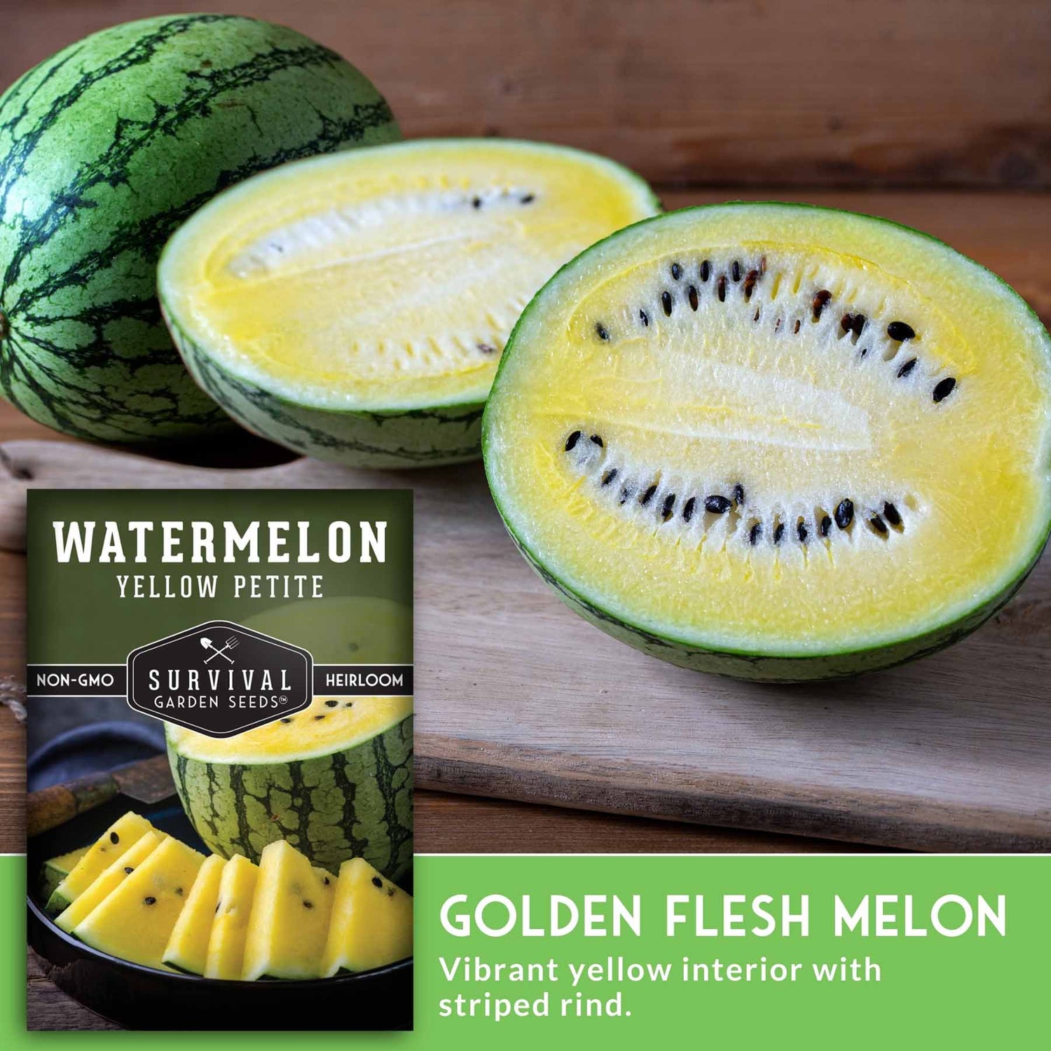 Yellow watermelon cut in half on a wooden board with a seed packet labeled 'Watermelon Yellow Petite' in the background.