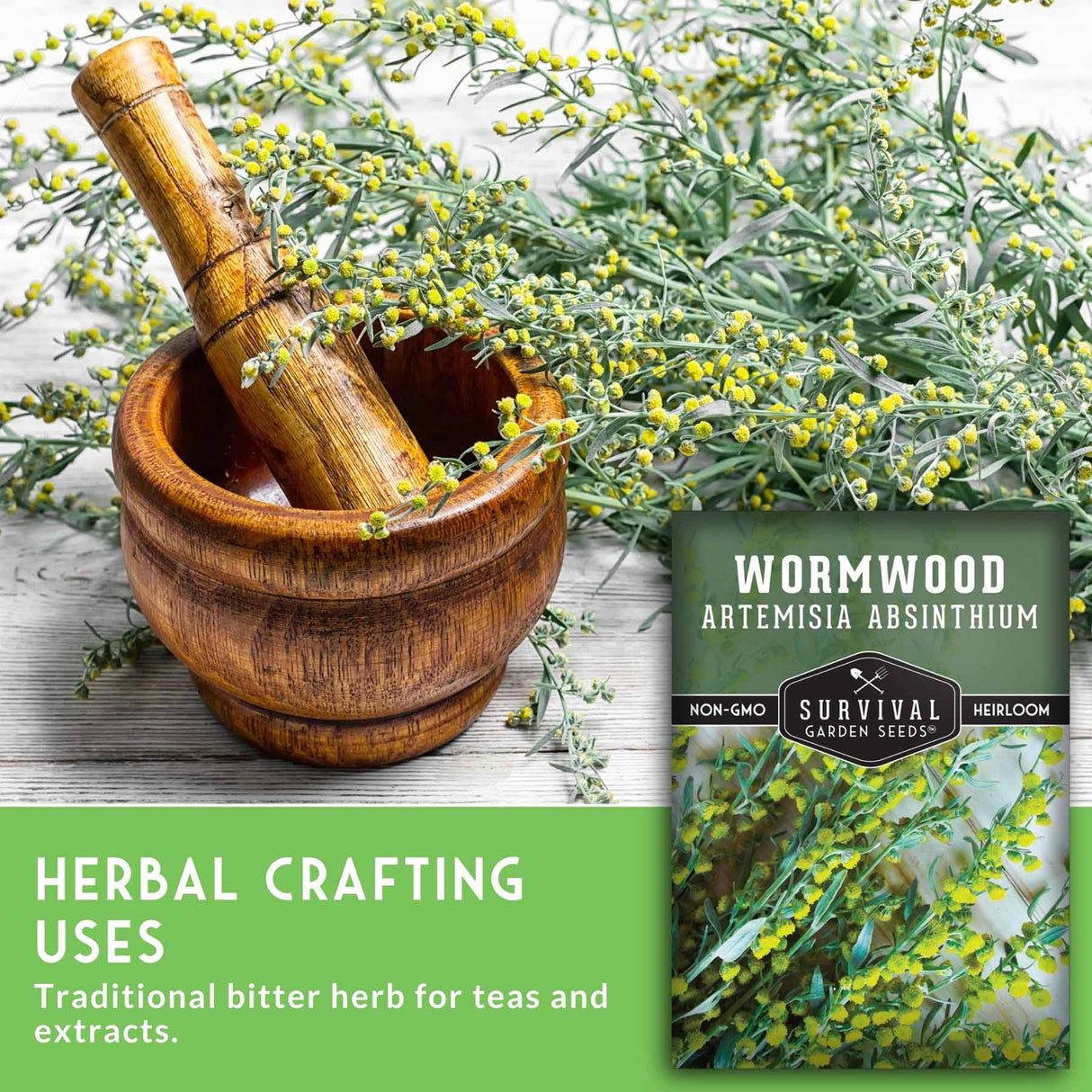 Wooden mortar and pestle with wormwood plant and seed packet on a wooden surface.