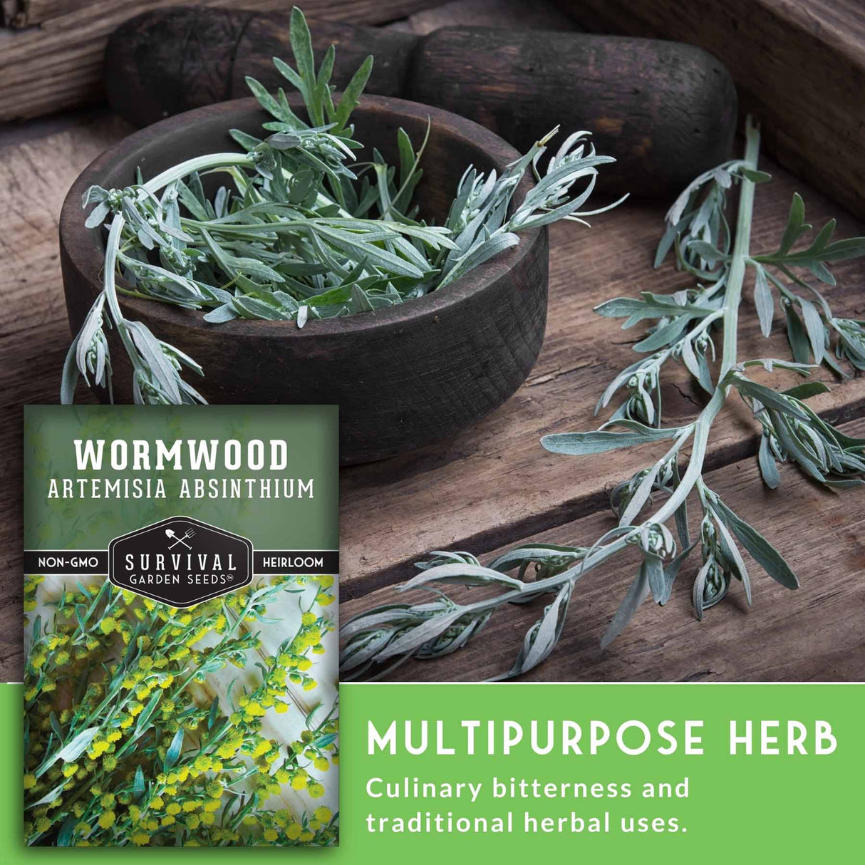 Wormwood herb with a package labeled 'Survival Garden Seeds' on a wooden background.