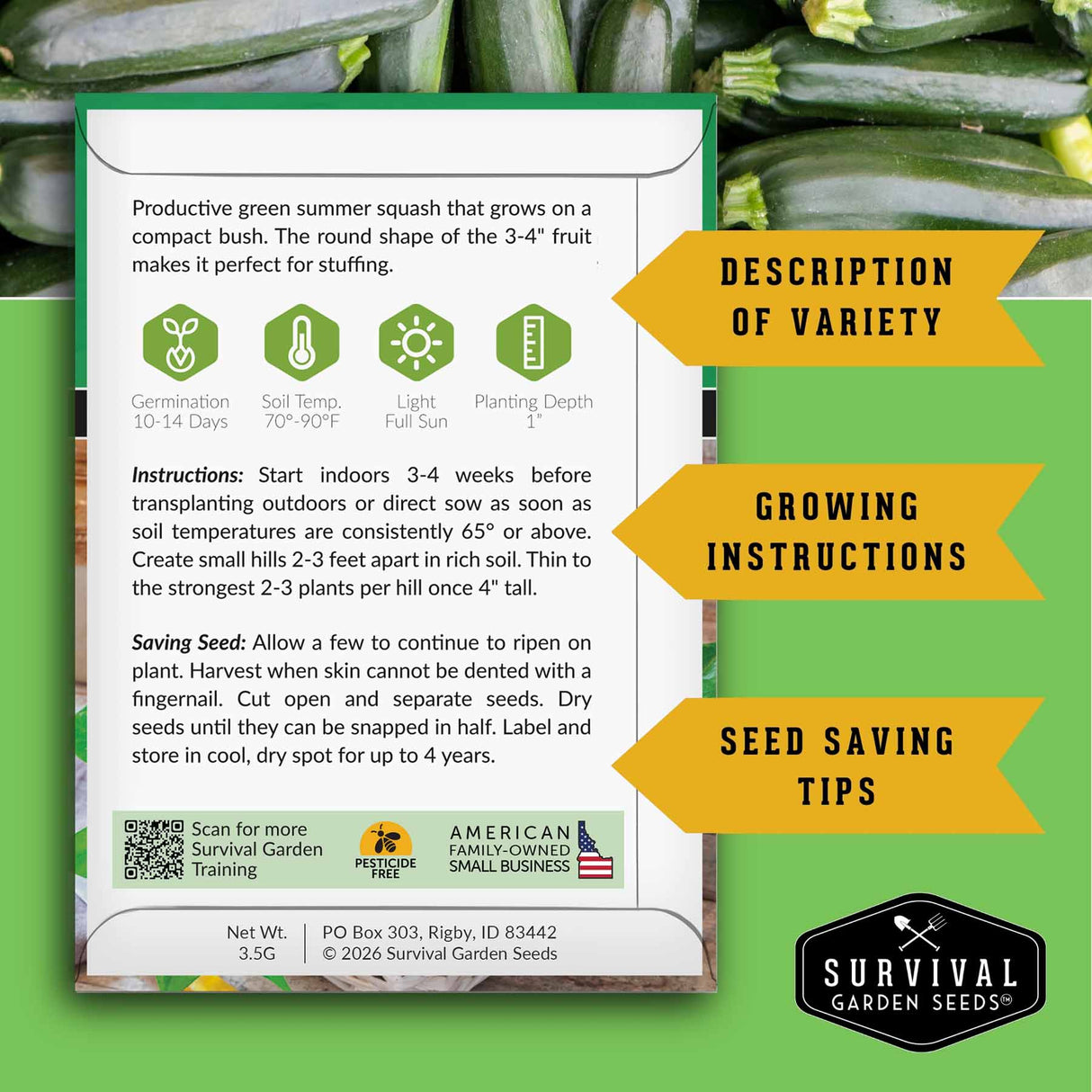 Survival Garden Seeds packaging with green summer squash and text on a green background