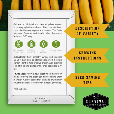 Survival Garden Seeds packaging for golden zucchini with text and graphics on a green background.