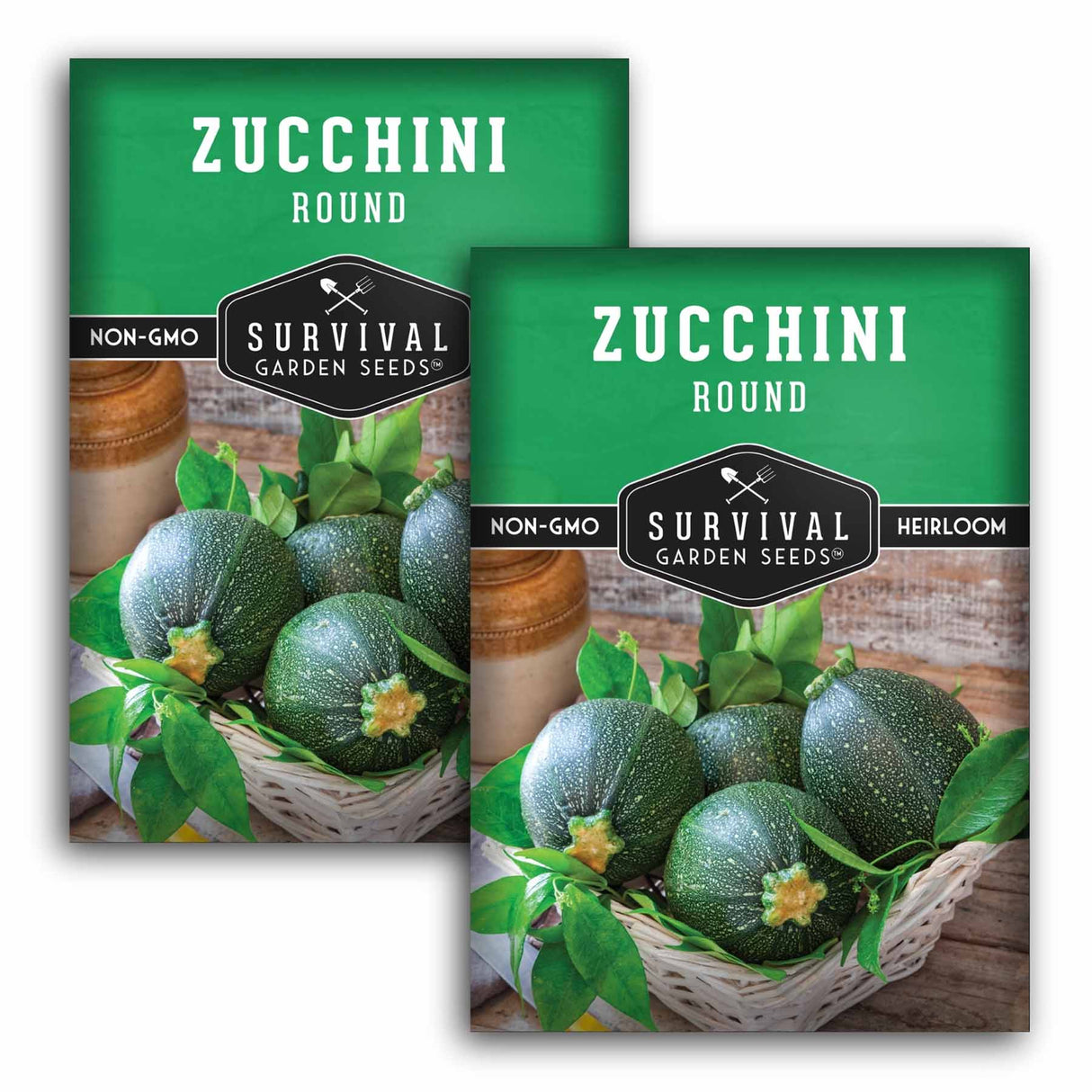 Two packages of Survival Garden Seeds Zucchini Round on a white background