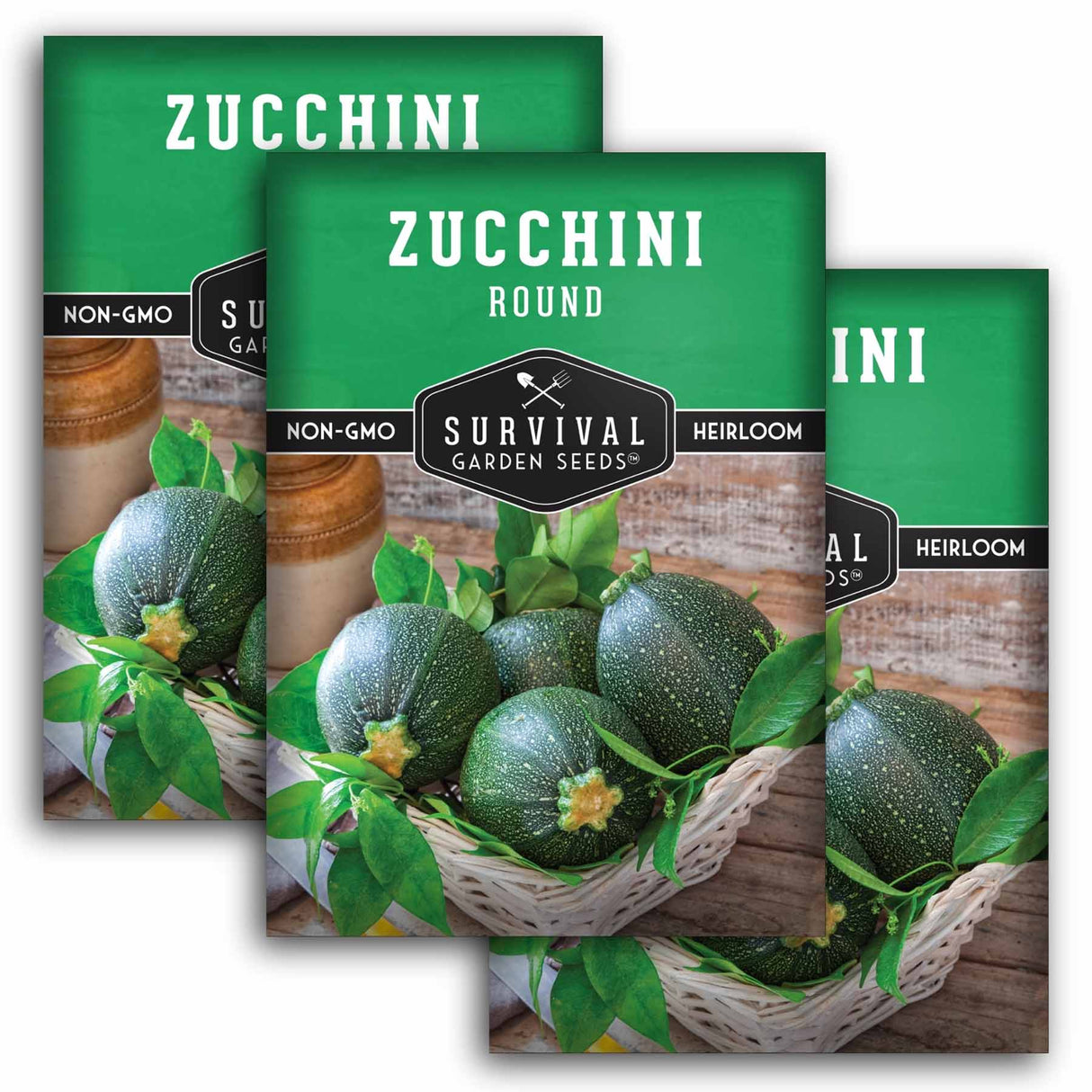 Three packages of Survival Garden Seeds Zucchini with green zucchinis and leaves on a wooden background.