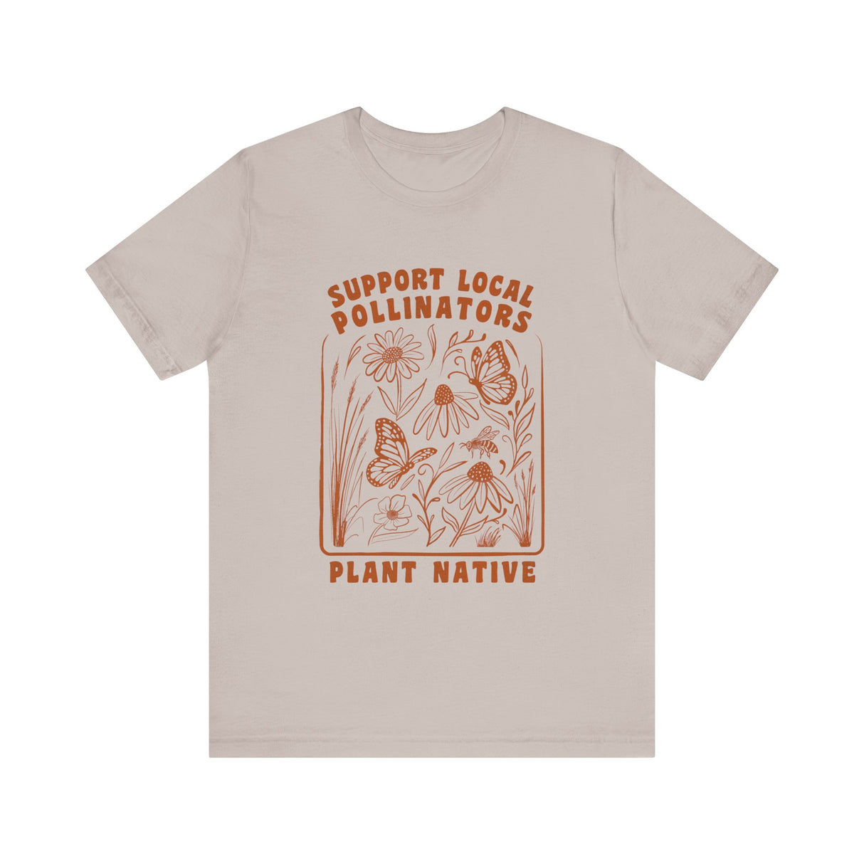 Support Local Pollinators Unisex Tee Shirt Front - Heather Cool Gray