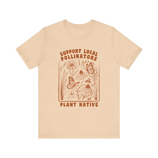 Support Local Pollinators Unisex Tee Shirt Front - Heather Sand Dune