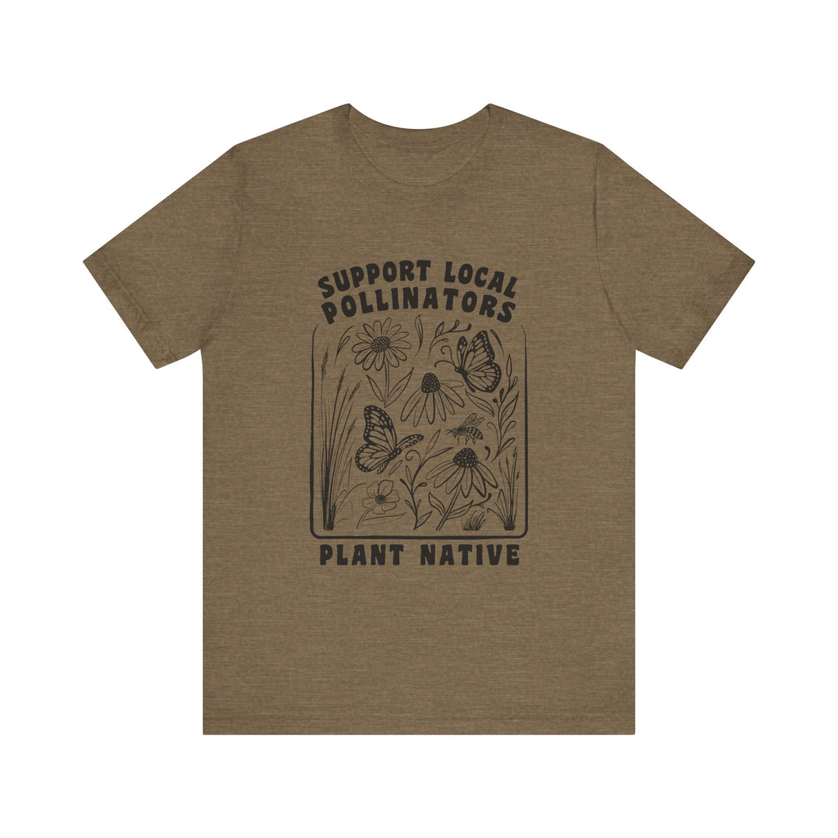 Support Local Pollinators Unisex Tee Shirt Front - Heather Stone