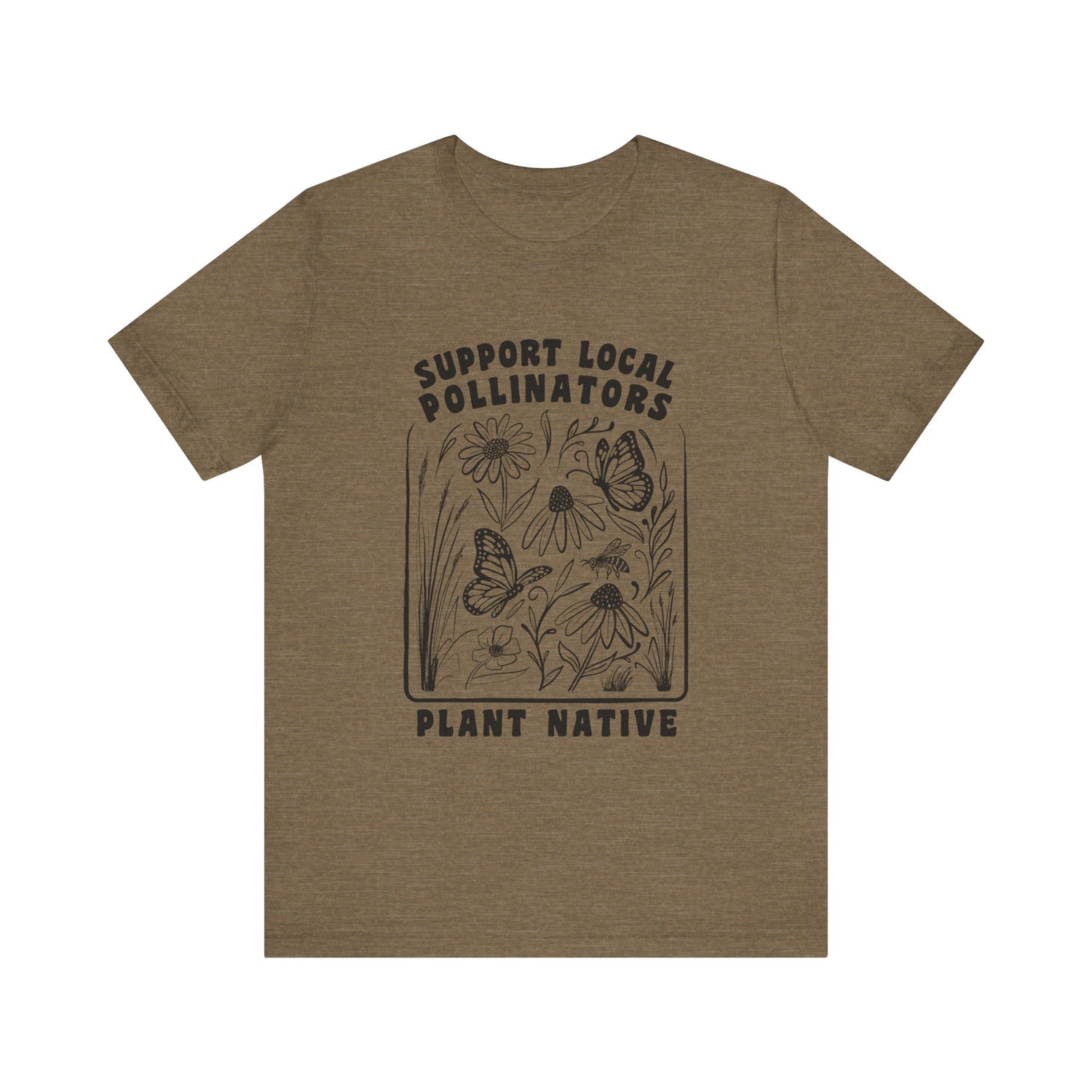 Support Local Pollinators Unisex Tee Shirt Front - Heather Stone