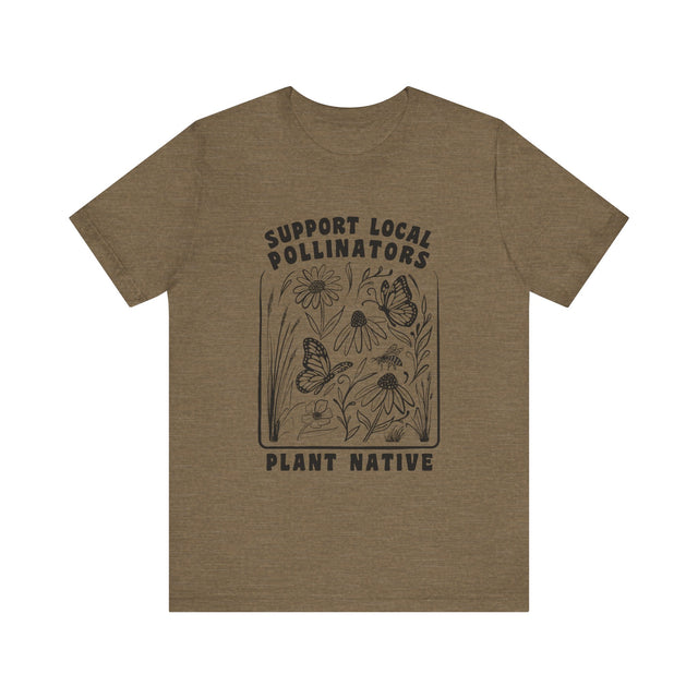 Support Local Pollinators Unisex Tee Shirt Front - Heather Stone