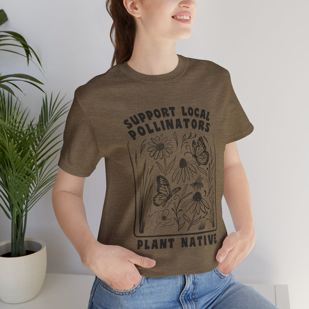Support Local Pollinators Unisex Tee Shirt shown on female model - Heather Stone