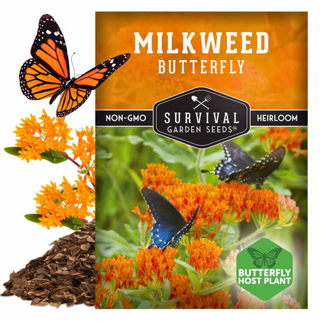 Milkweed butterfly seeds package with butterflies and flowers, featuring Survival Garden Seeds branding.