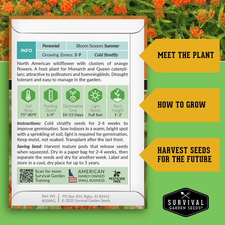 Survival Garden Seeds packaging for North American wildflower with plant information and branding.