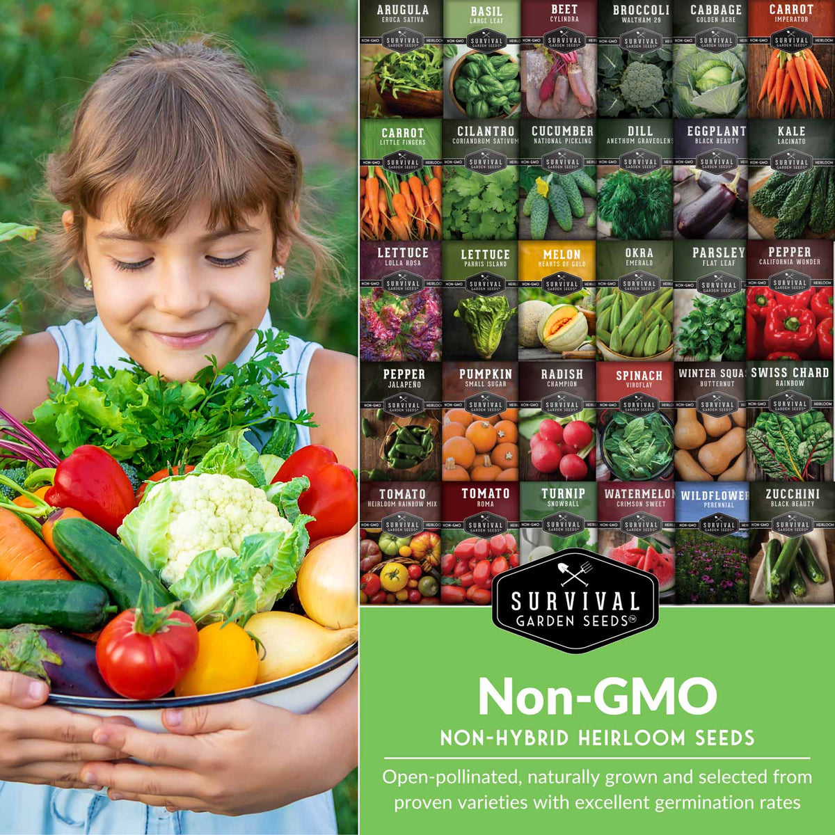A promotional seed packet for Survival Garden Seeds featuring a young girl holding a plate of fresh vegetables on the left, and a grid of individual vegetable seed labels on the right. The bottom section is green with the text 'Non-GMO Non-Hybrid Heirloom Seeds' and 'Survival Garden Seeds' brand logo.