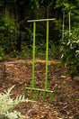 A green metal broadfork tool with spaced tines, standing upright in a garden setting.