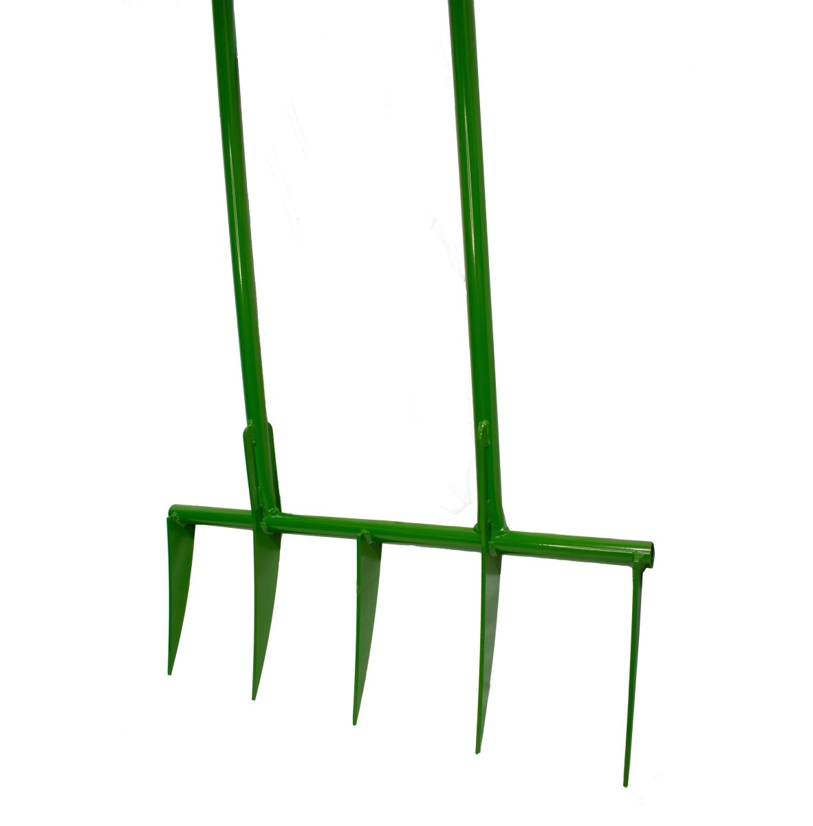 Close up view of green broadfork tines