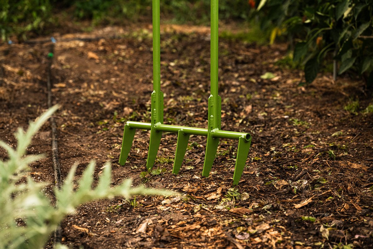 Close up of broadfork tines