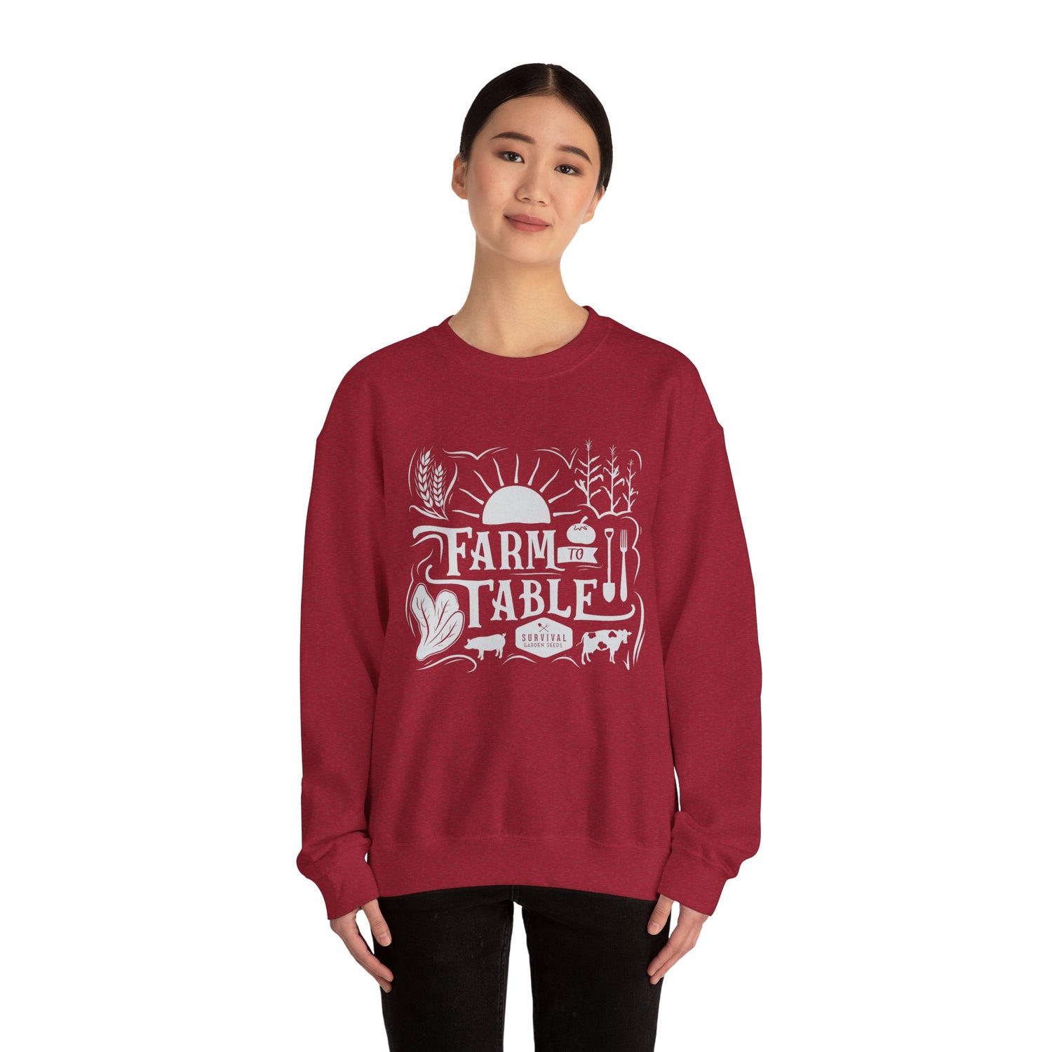Unisex Sweatshirt - Farm to Table - on model - Antique Cherry Red