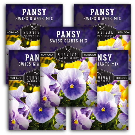 Swiss Giants Pansy Mix Seeds – Heirloom Edible Flowers in Vibrant Blue, Purple, Yellow, Orange & Burgundy