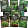Collection of Survival Garden Seeds packets with various green vegetables on a white background