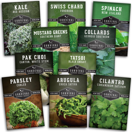 Collection of Survival Garden Seeds packets with various green vegetables on a white background