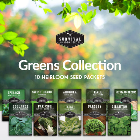 Survival Garden Seeds Greens Collection packaging with garden background