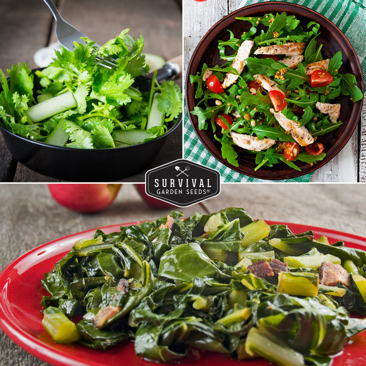 Three images of green salads with a 'Survival Garden Seeds' logo in the center.