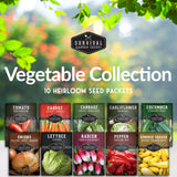Survival Garden Seeds Vegetable Collection with seed packets displayed against a blurred garden background.